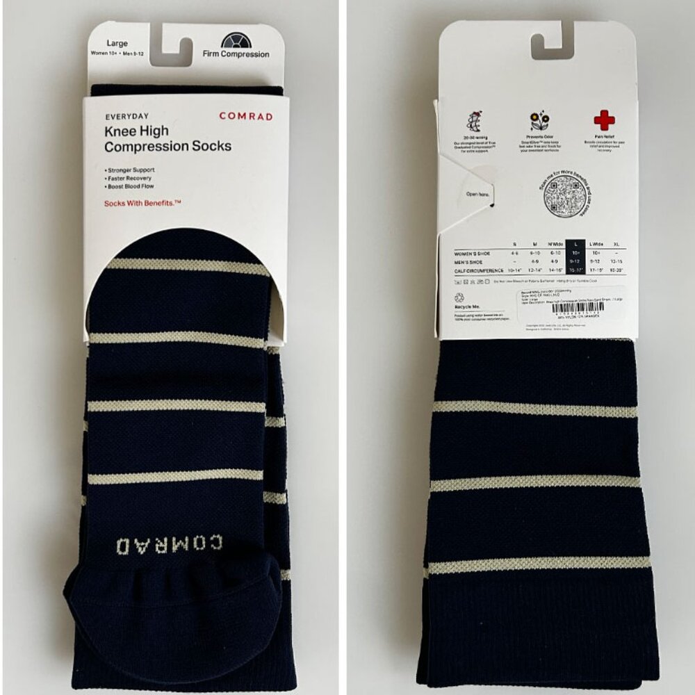 Brand New, Comrad Knee High Compression Stripe Socks, 20-30mmHg, Unisex Large